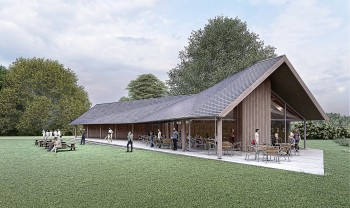 Front Perspective of the Nazeing Common Cricket Club pavilion, showcasing a striking cantilevered roof that extends beyond the building’s facade.